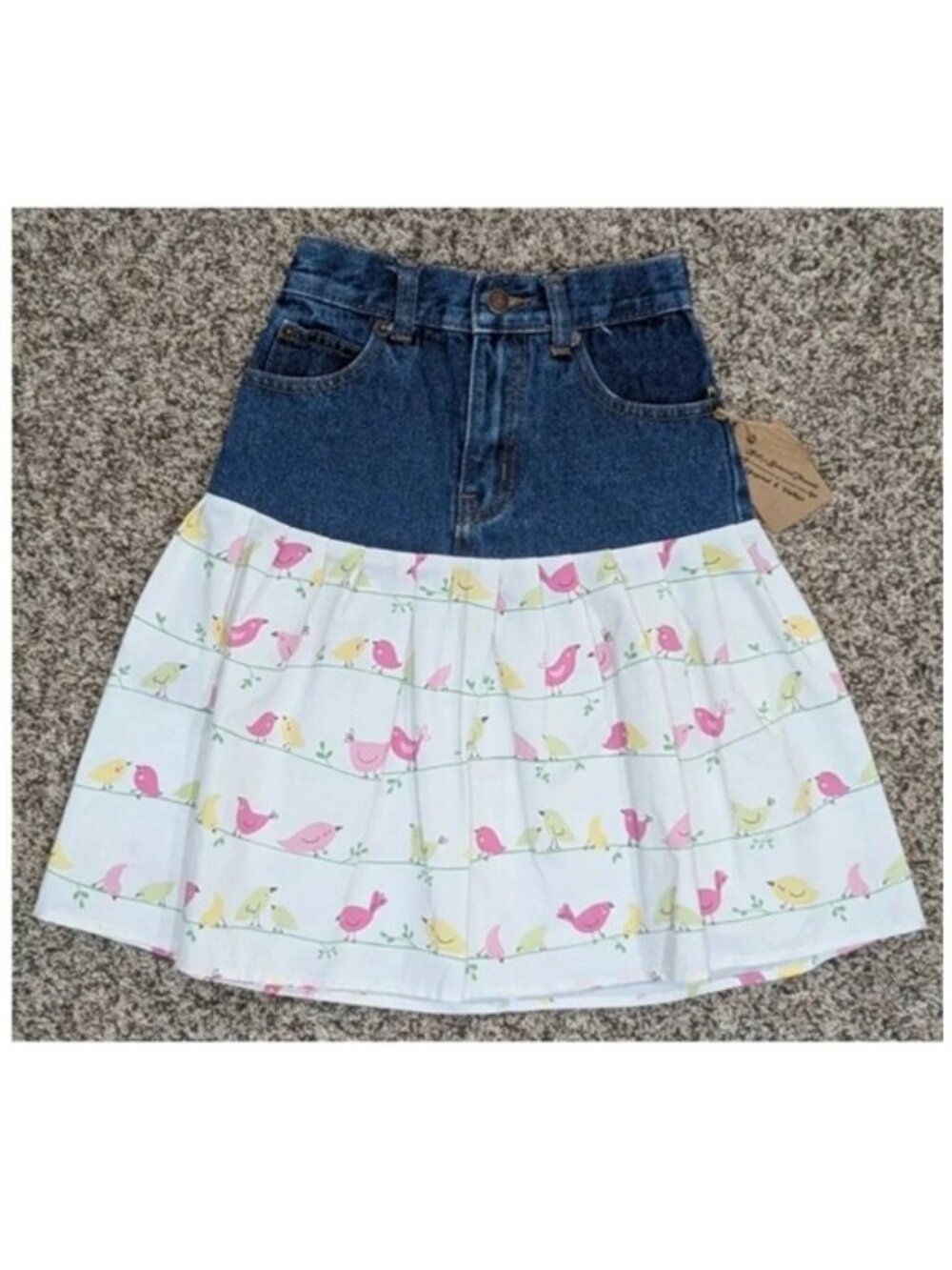 Upcycled Denim Cotton Skirt Girls Size 4 Sweet Birdie Print Pink Lace Accents